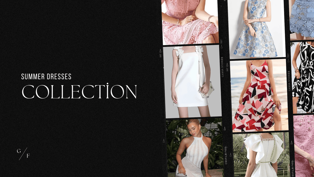 Summer dresses collection collage featuring lace, floral, geometric, and white dress styles