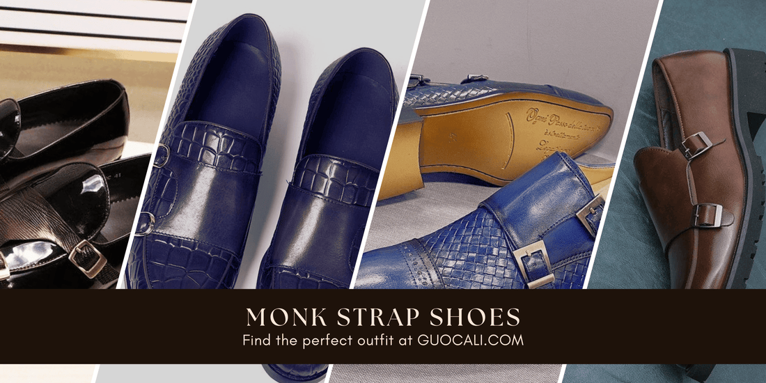 Assorted leather monk strap shoes in black, blue, and brown on display at GUOCALI
