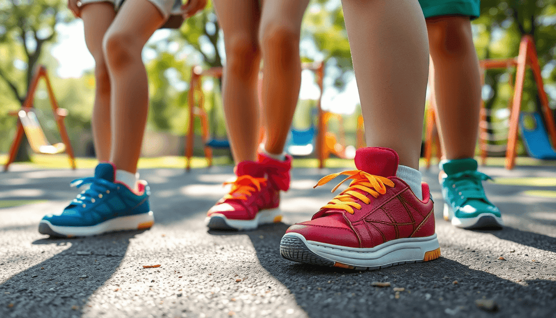 Kids wearing colorful sneakers in a playground, showcasing 2024 kids footwear trends