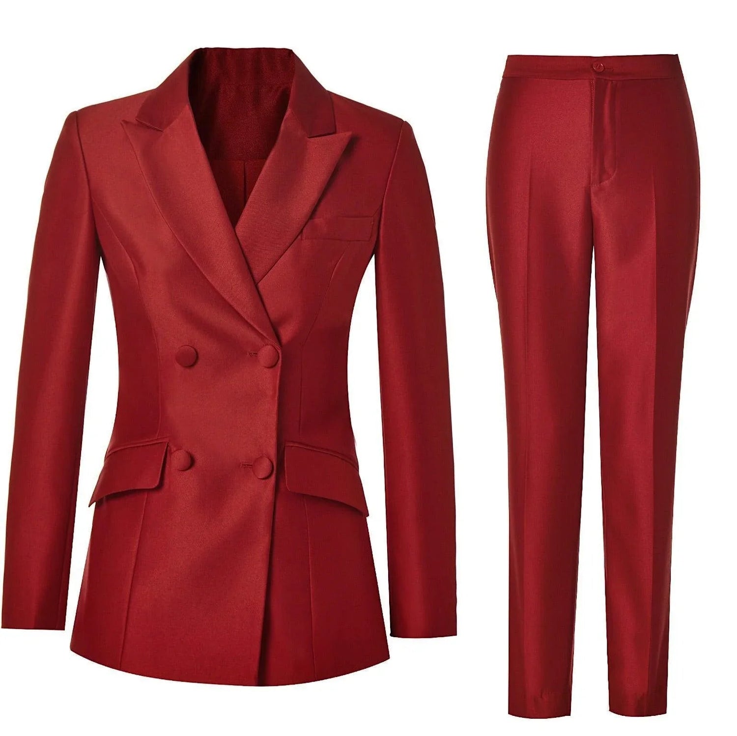 Red double-breasted women's suit with blazer and matching pants