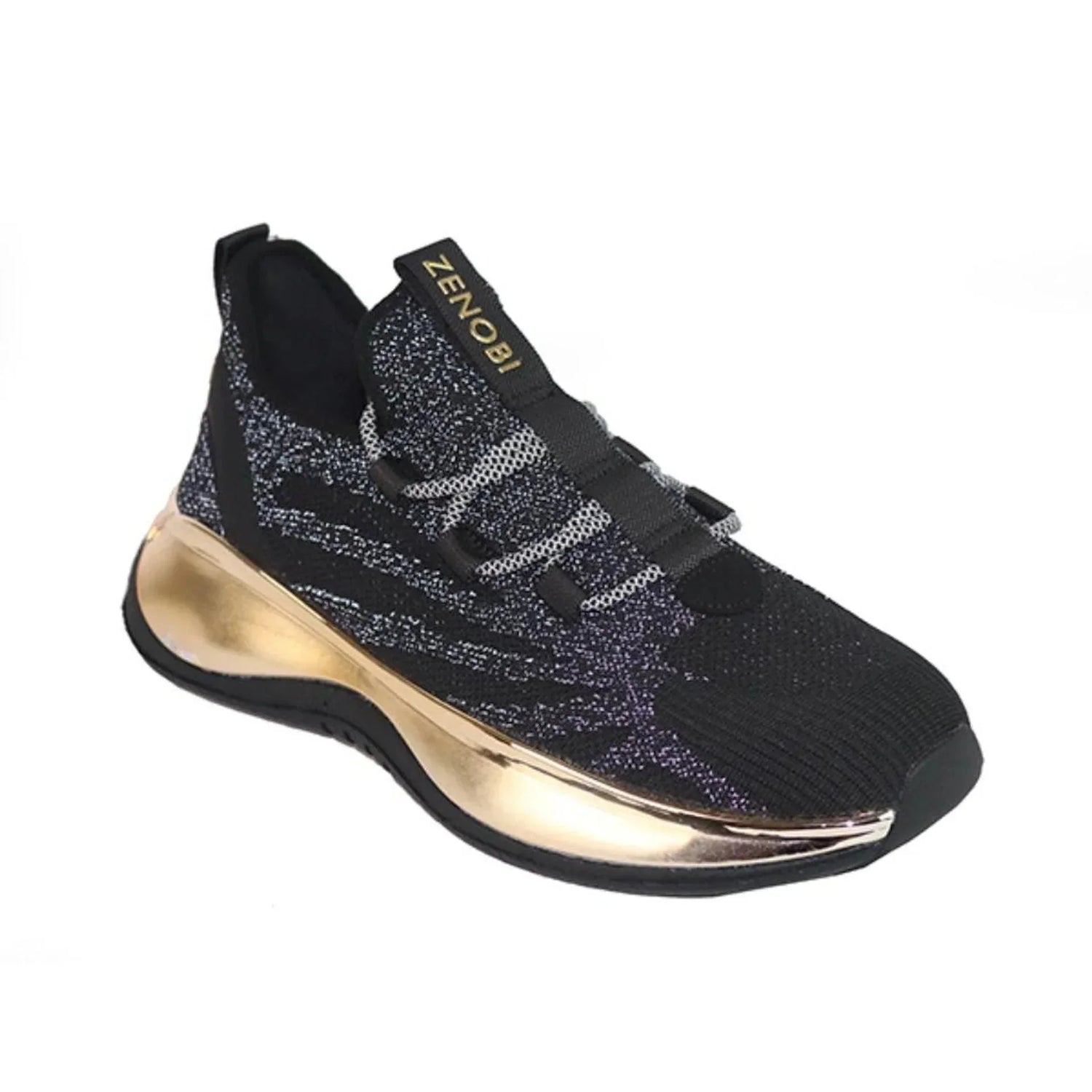 Zenobi men's black knit sneaker with gold metallic sole and speckled pattern