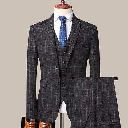 3-Piece Black Men’s Suit - Plaid Business Style - Plaid Suit - Guocali