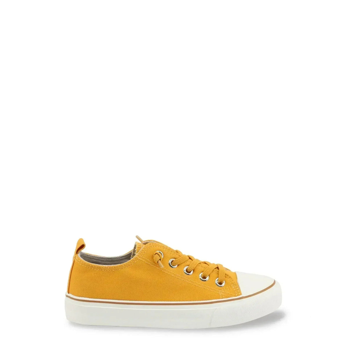 Mustard yellow canvas lace-up boys' sneaker with a white toe cap fashion image