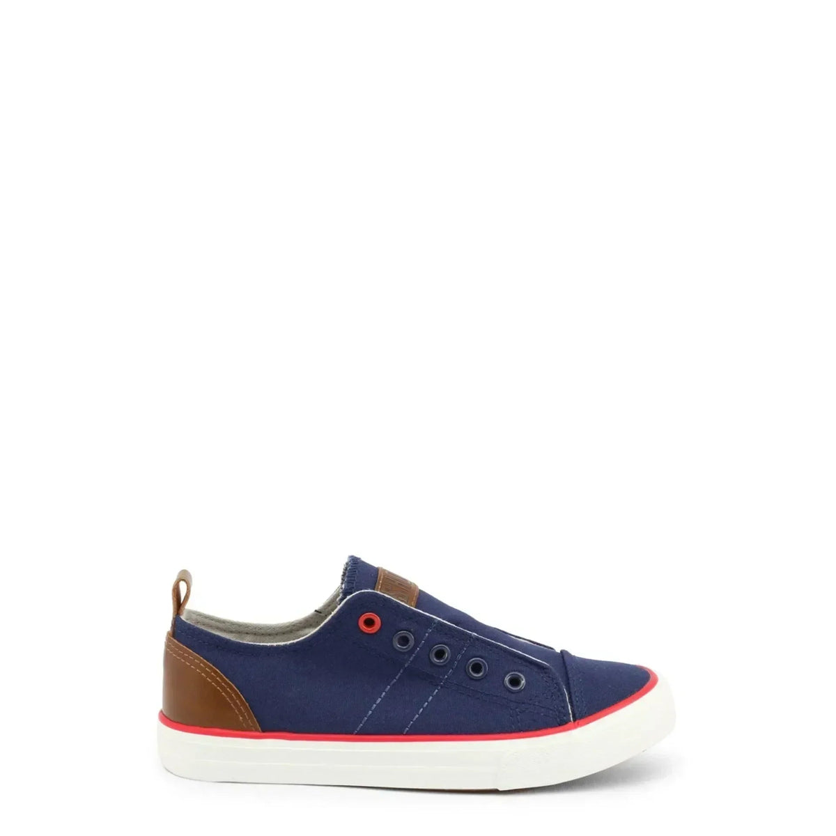 Navy canvas slip-on boys' sneaker with a red sole stripe and brown heel patch fashion image