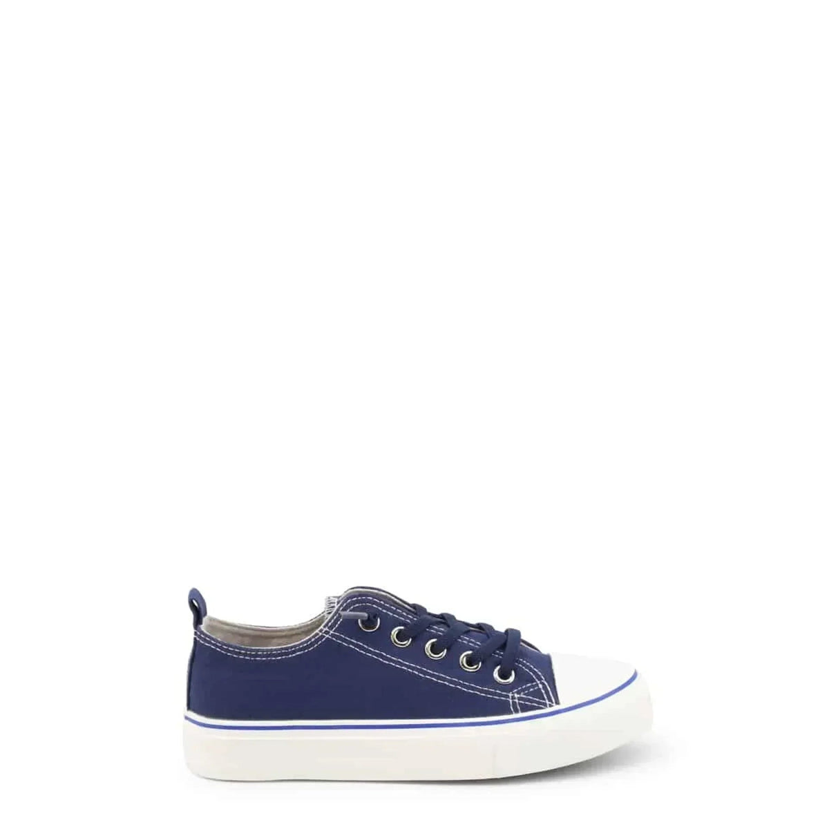 Navy canvas lace-up boys' sneaker with a white toe cap and blue stripe fashion image