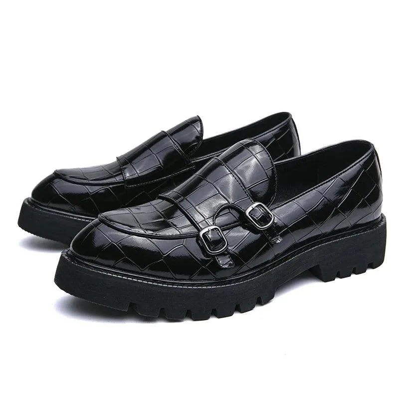 Black croc-embossed double monk strap loafers on a chunky lug sole fashion image