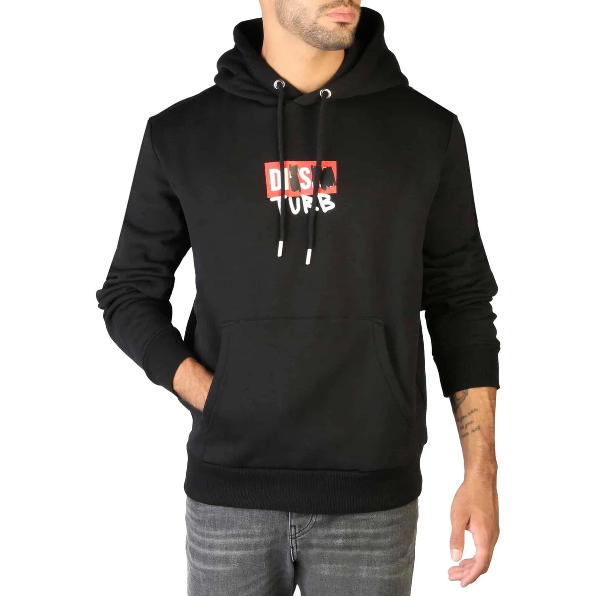Man in a black pullover hoodie with a red and white graphic on the chest fashion image