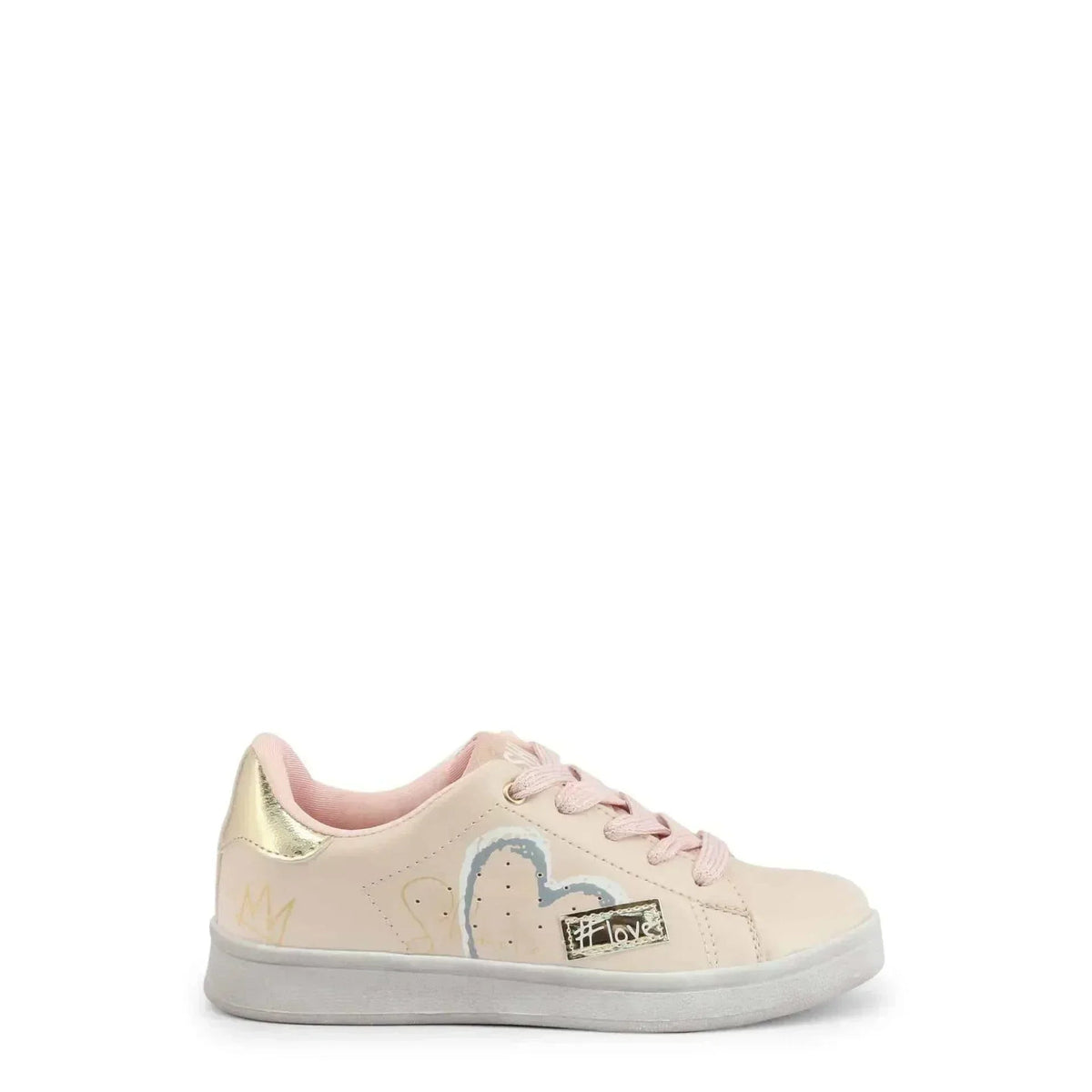 Pink girls' low-top sneaker with a heart motif and gold heel tab fashion image