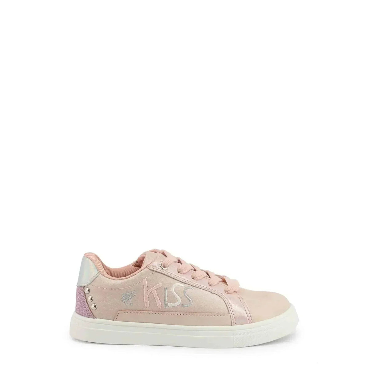 Pink lace-up girls' sneaker with a glitter heel and Kiss lettering fashion image