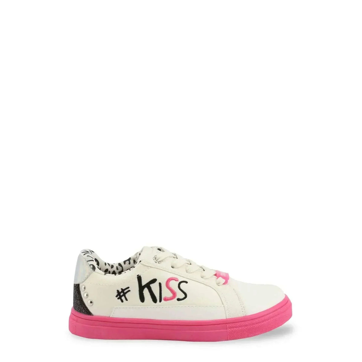 White girls' sneaker with a pink sole, Kiss print and animal-print heel fashion image