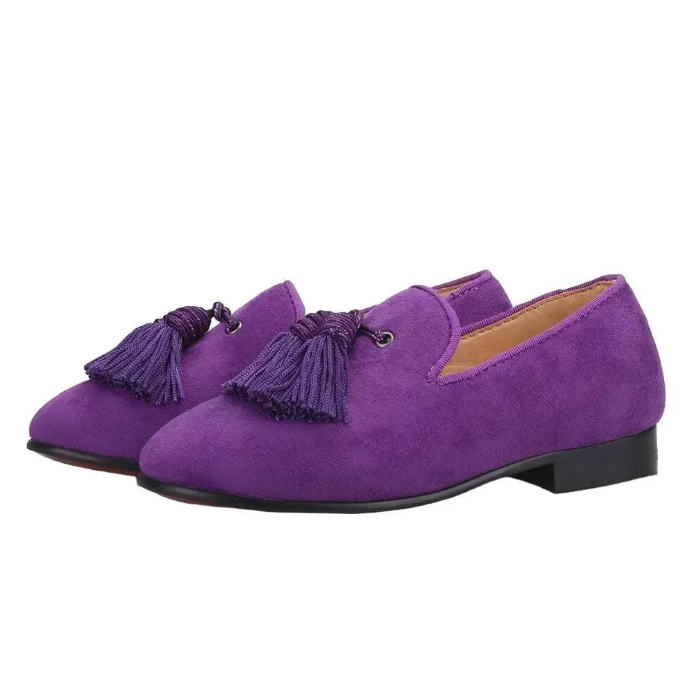 Purple suede kids loafers with purple tassels fashion image