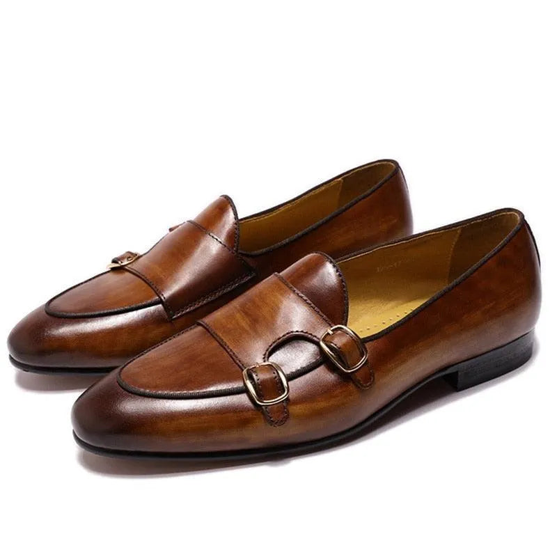 Brown polished leather double monk strap loafers with gold buckles fashion image