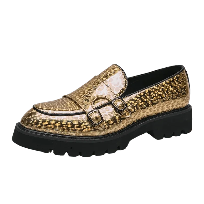 Gold woven-effect double monk strap loafers on a chunky black sole fashion image
