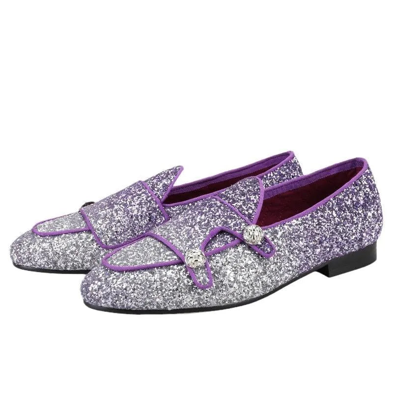 Silver and lilac glitter monk strap loafers with purple piping fashion image