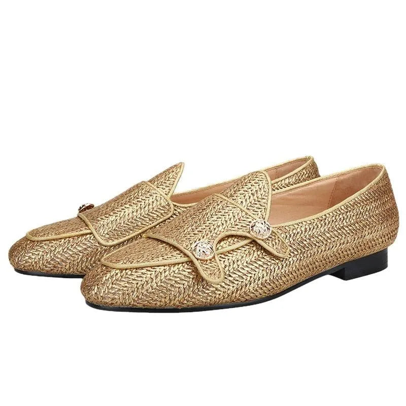 Gold woven monk strap loafers with a jewelled buckle fashion image