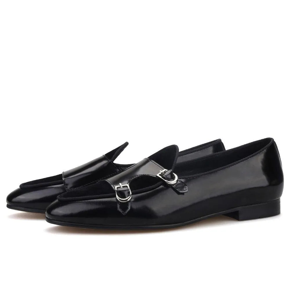Black patent leather double monk strap loafers with silver buckles fashion image