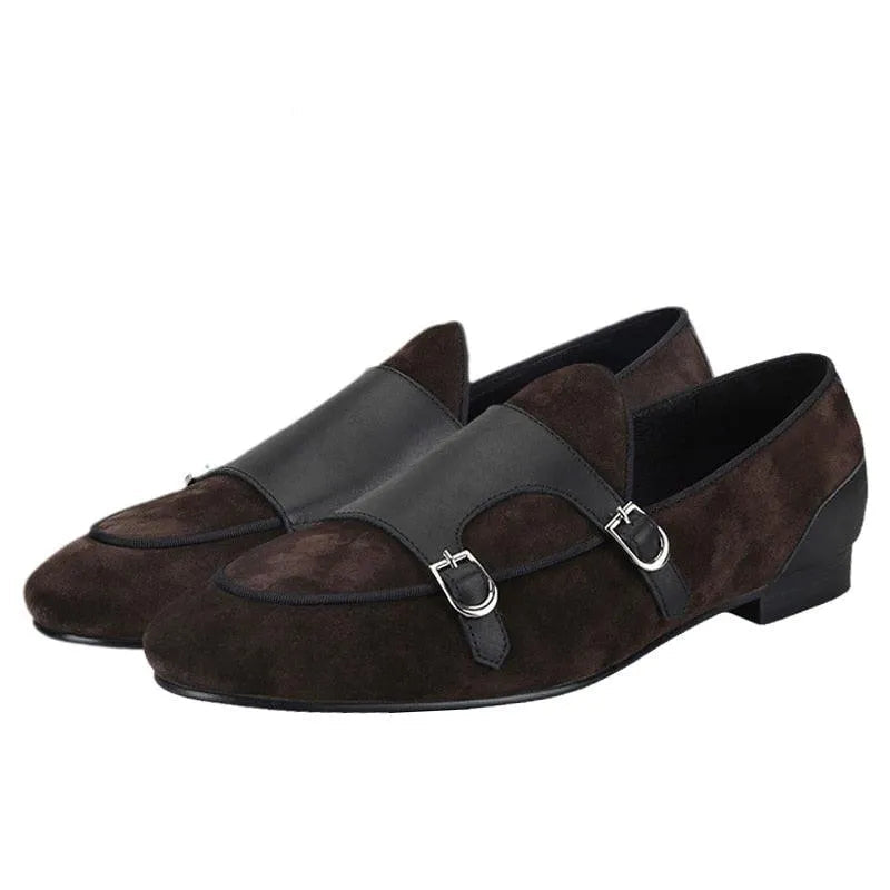 Dark brown suede and black leather monk strap loafers with buckles fashion image