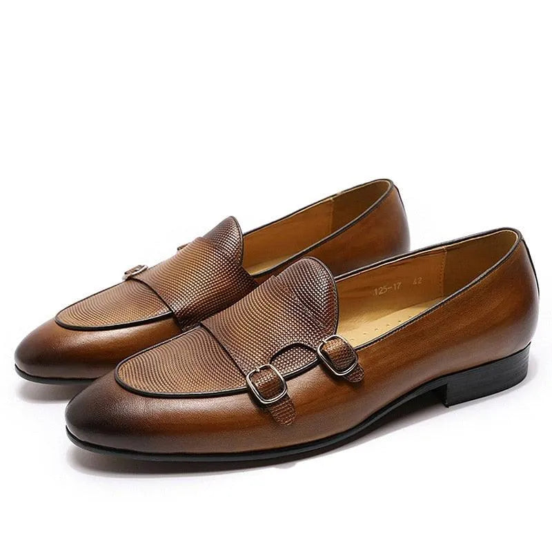 Brown burnished leather double monk strap loafers with a textured front fashion image