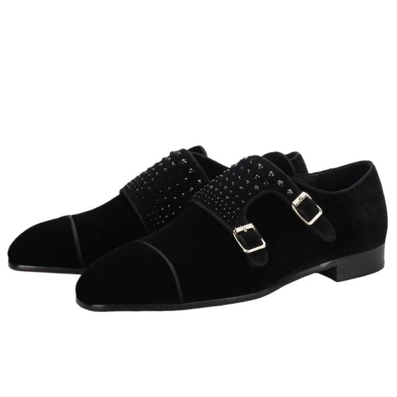 Black suede cap-toe double monk strap shoes with studded straps fashion image