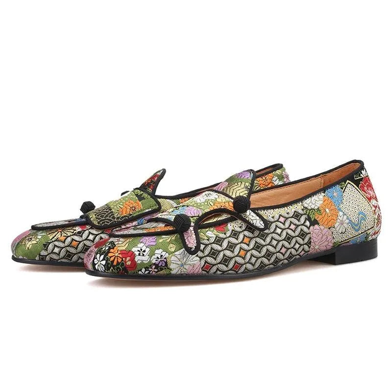 Multicolour floral jacquard monk strap loafers with a black knot detail fashion image