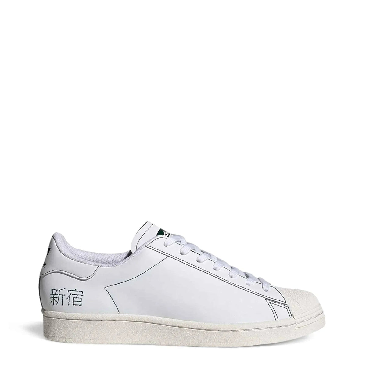 White leather low-top sneaker with contrast stitching and lettering on the heel fashion image