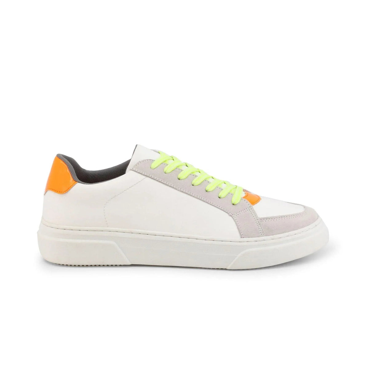 White low-top sneaker with neon yellow laces and an orange heel tab fashion image