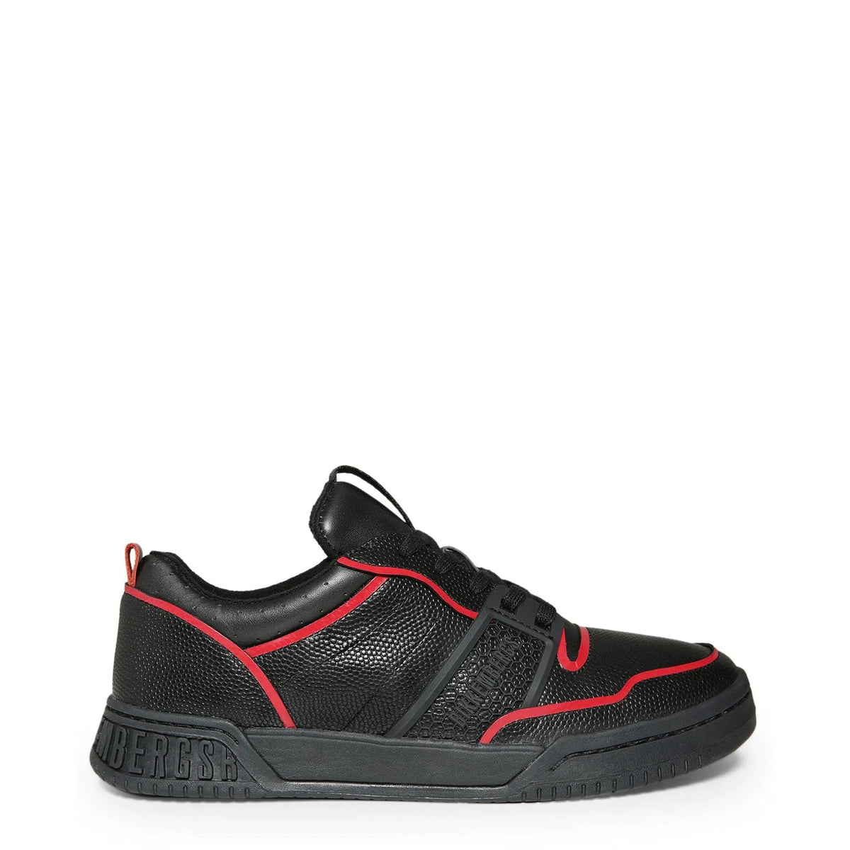 Black leather low-top sneaker with red piping and a chunky sole fashion image