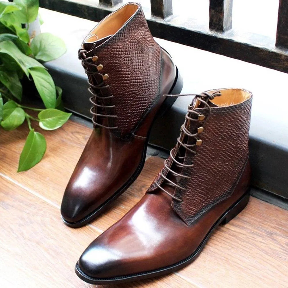 Men's Boots - Block Ankle Boots - Leather