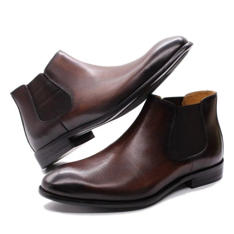 Men's Boots - Block Ankle Boots - Leather