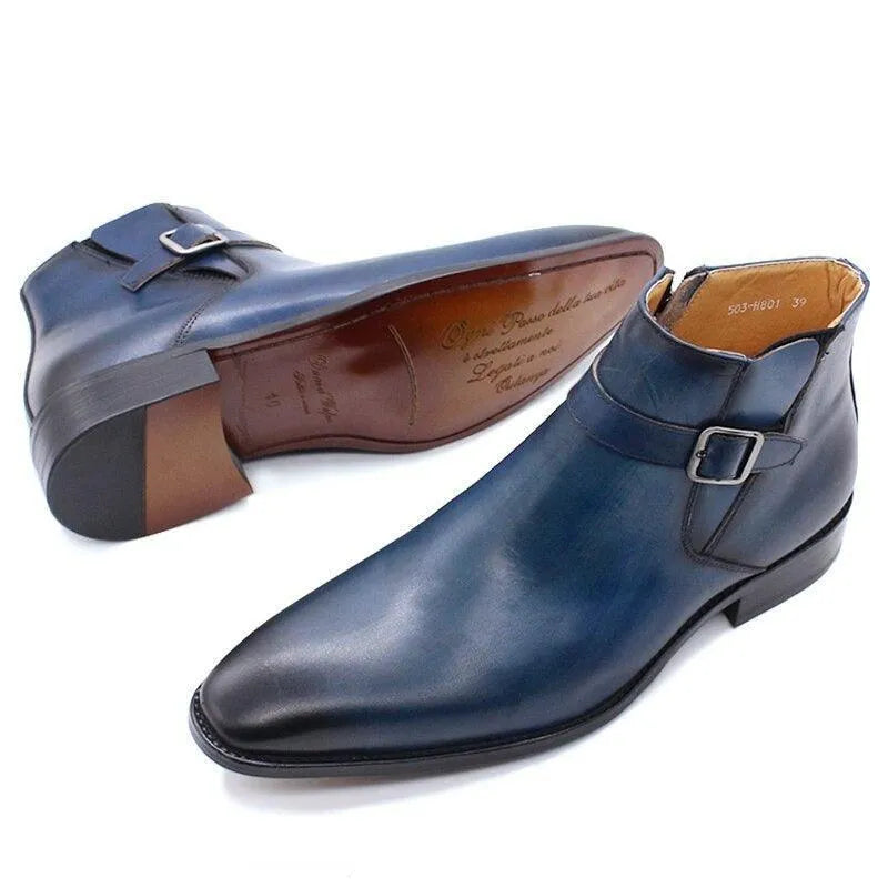 Men's Boots - Block Ankle Boots - Leather
