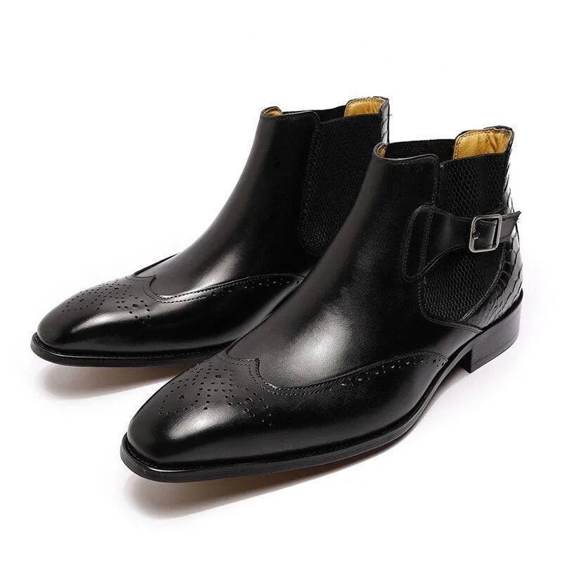 Men's Boots - Block Ankle Boots - Leather