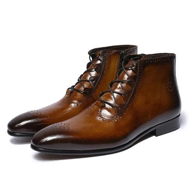 Men's Boots - Block Ankle Boots - Leather