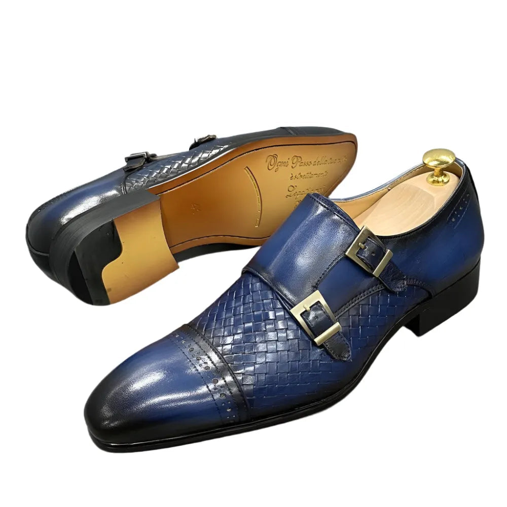 Blue leather cap-toe double monk strap shoes with a woven panel fashion image