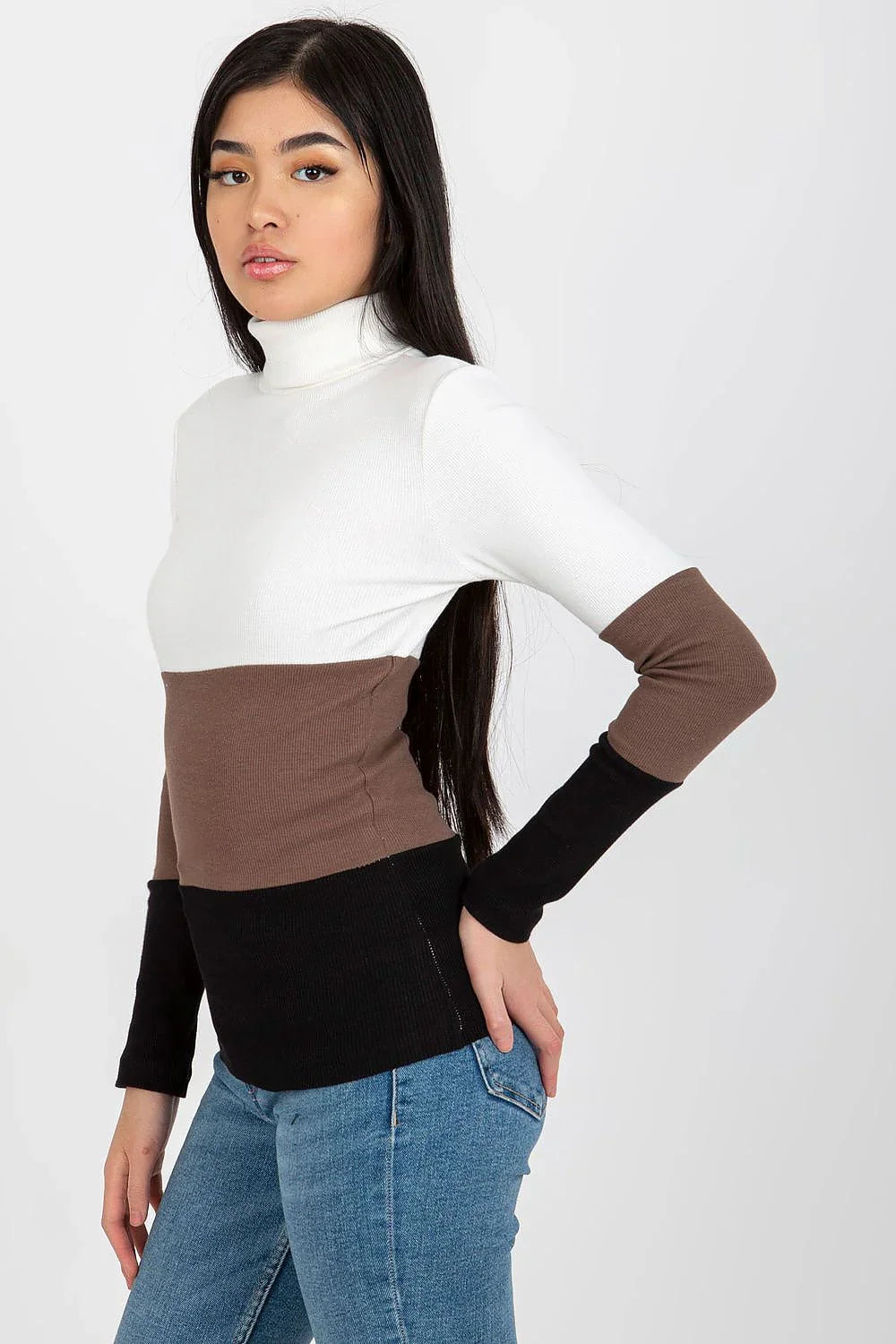 Women Colorblock Ribbed Turtleneck Sweater