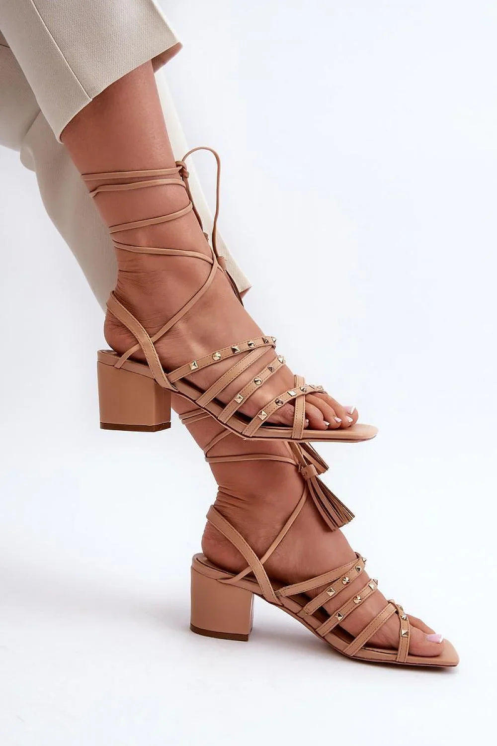 Women Lace-Up Caged Block Heel Sandals