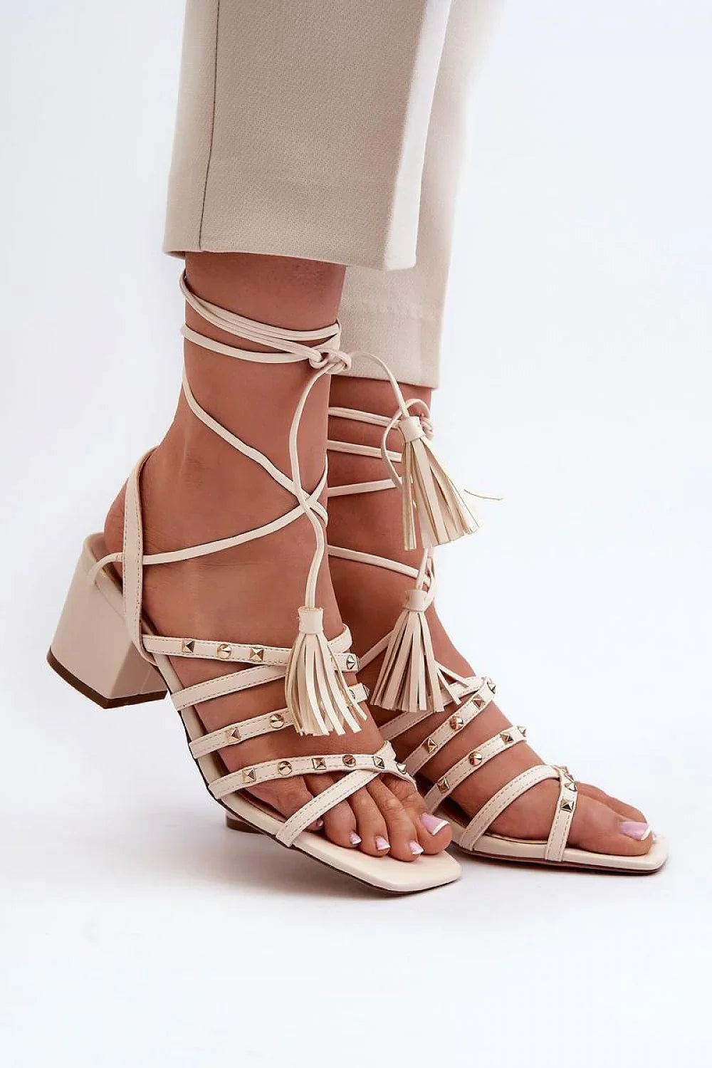 Women Lace-Up Caged Block Heel Sandals