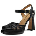 Women Leather Floral Block Heel Sandals