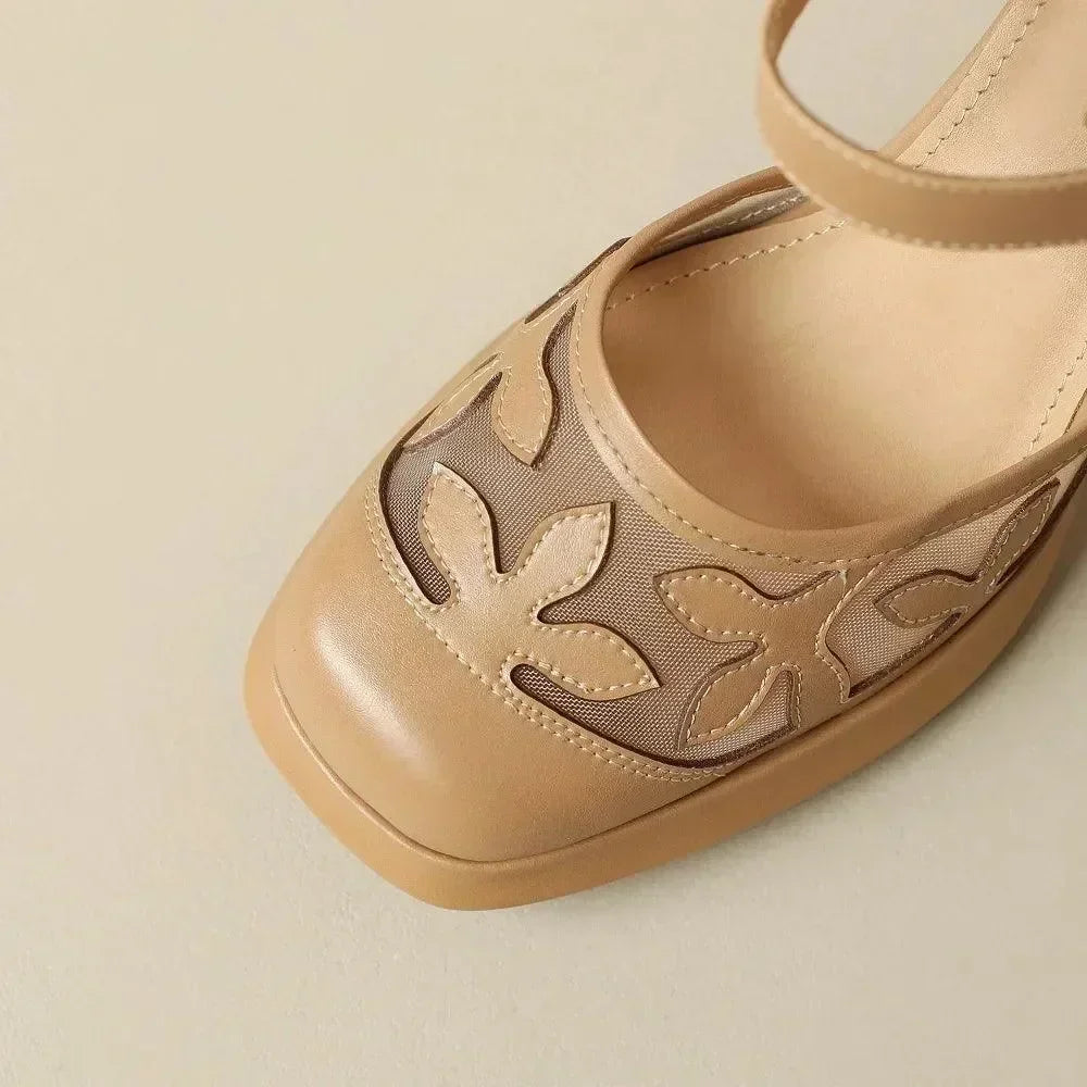 Women Leather Floral Block Heel Sandals