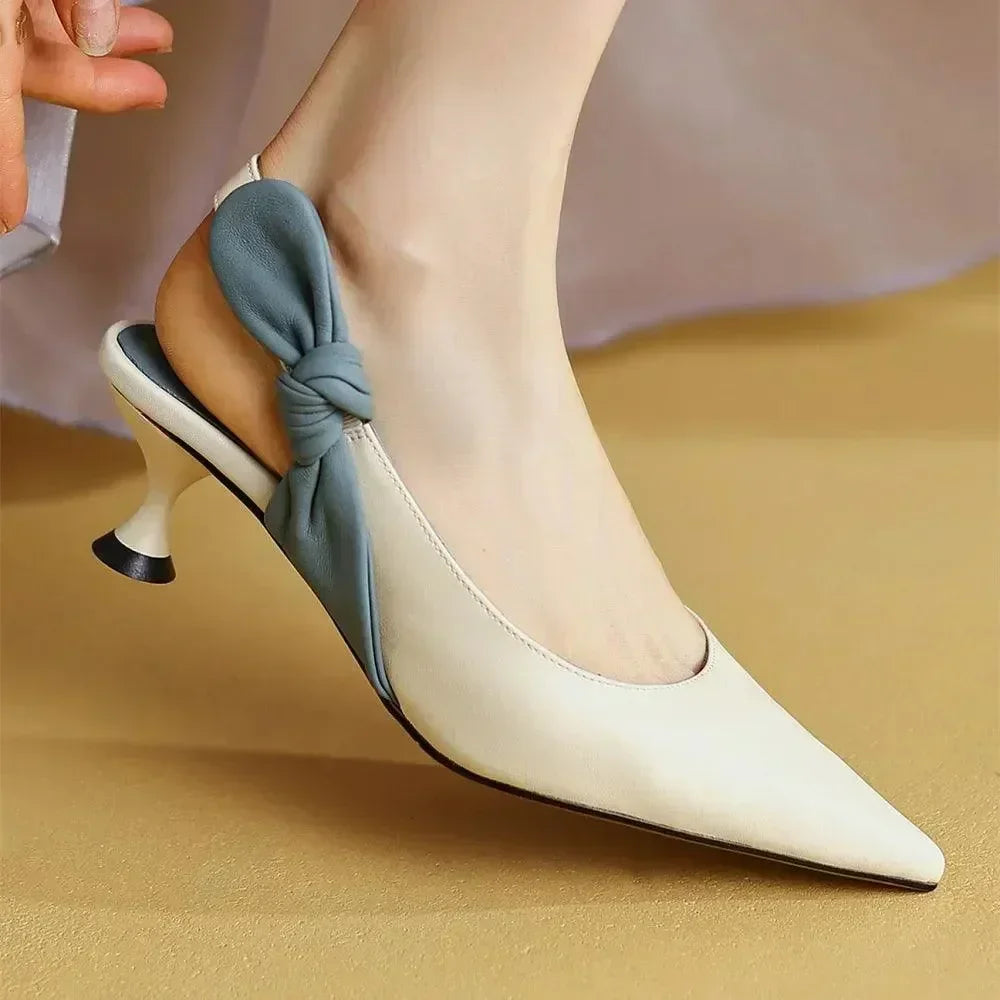 Women Leather Knot Slingback Kitten Heels