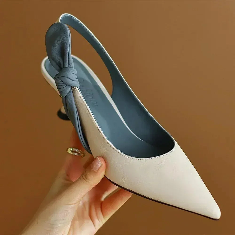 Women Leather Knot Slingback Kitten Heels