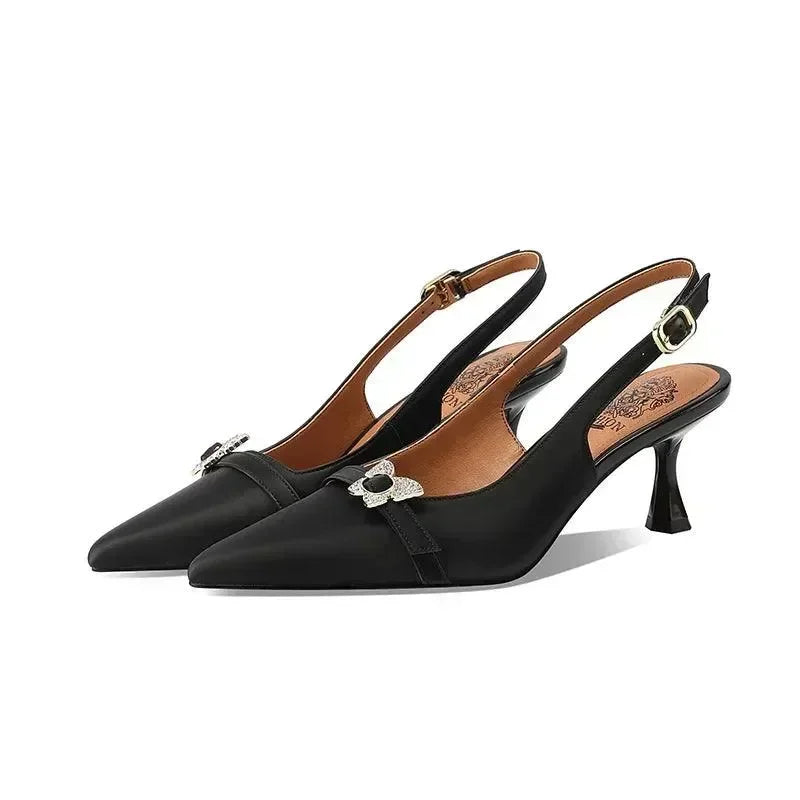Women Leather Pointed Toe Slingback Heels