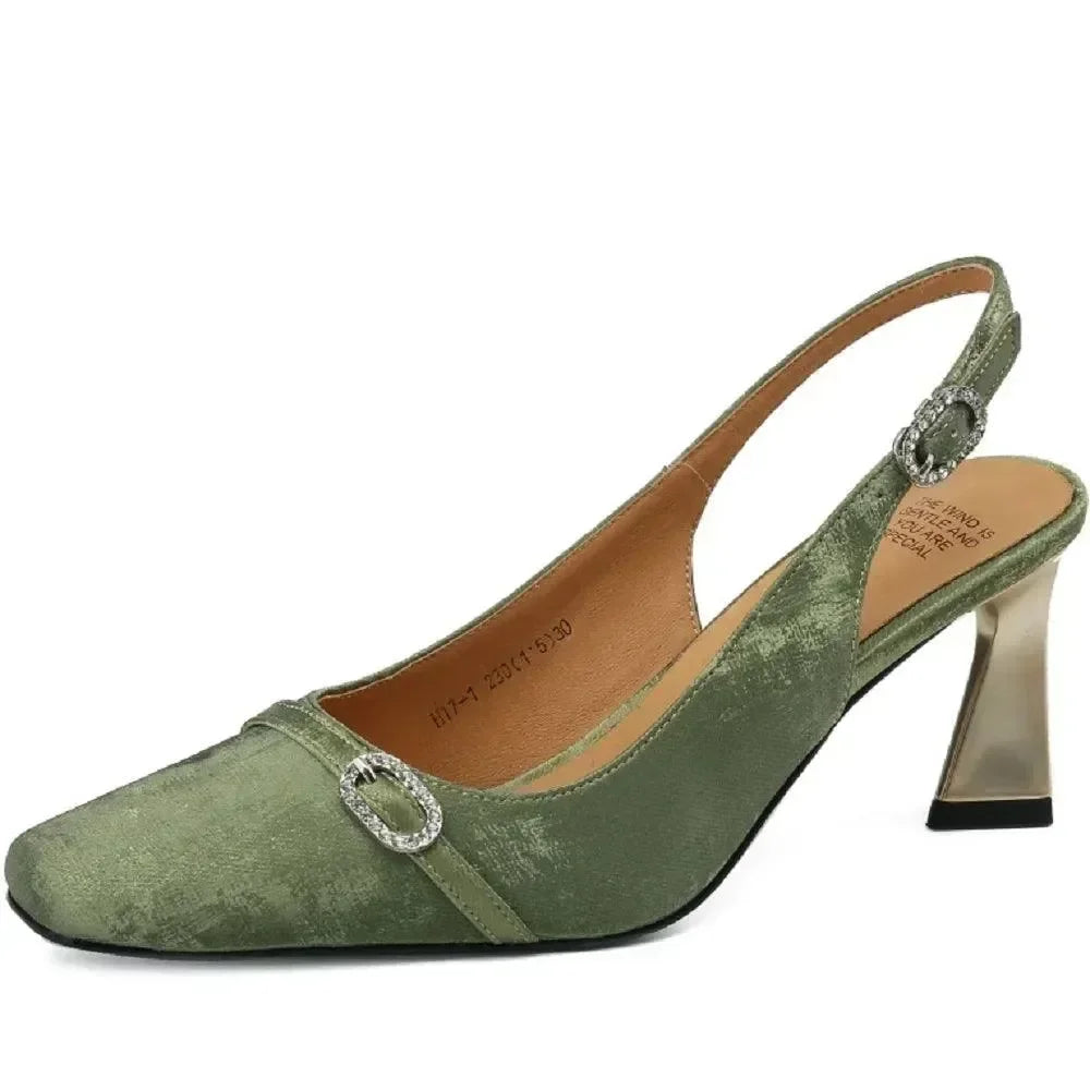 Women Leather Slingback Block Heel Sandals