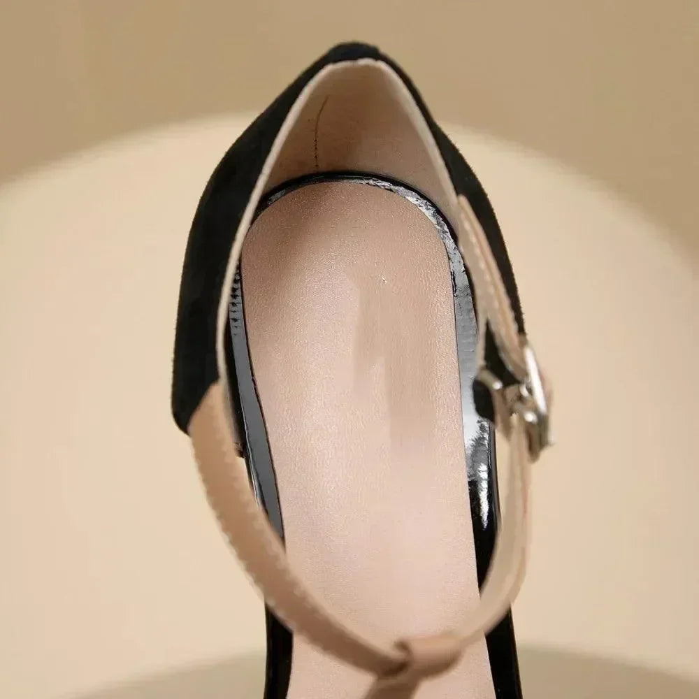 Women Leather T-Strap Block Heel Sandals
