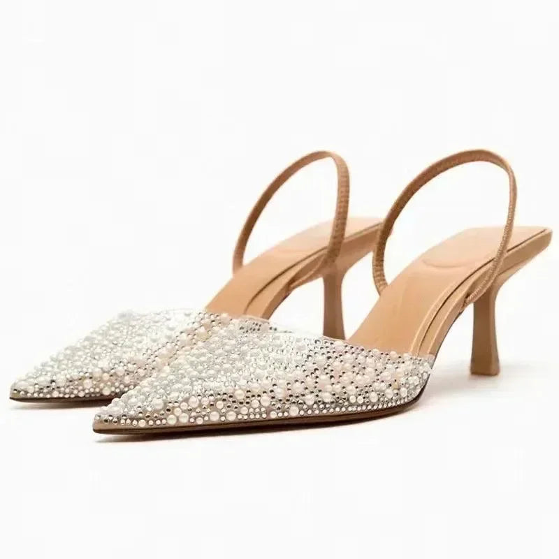 Women Rhinestone Buckle Slingback Heel Sandals