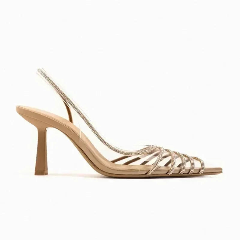 Women Rhinestone Pointed Block Heel Sandals