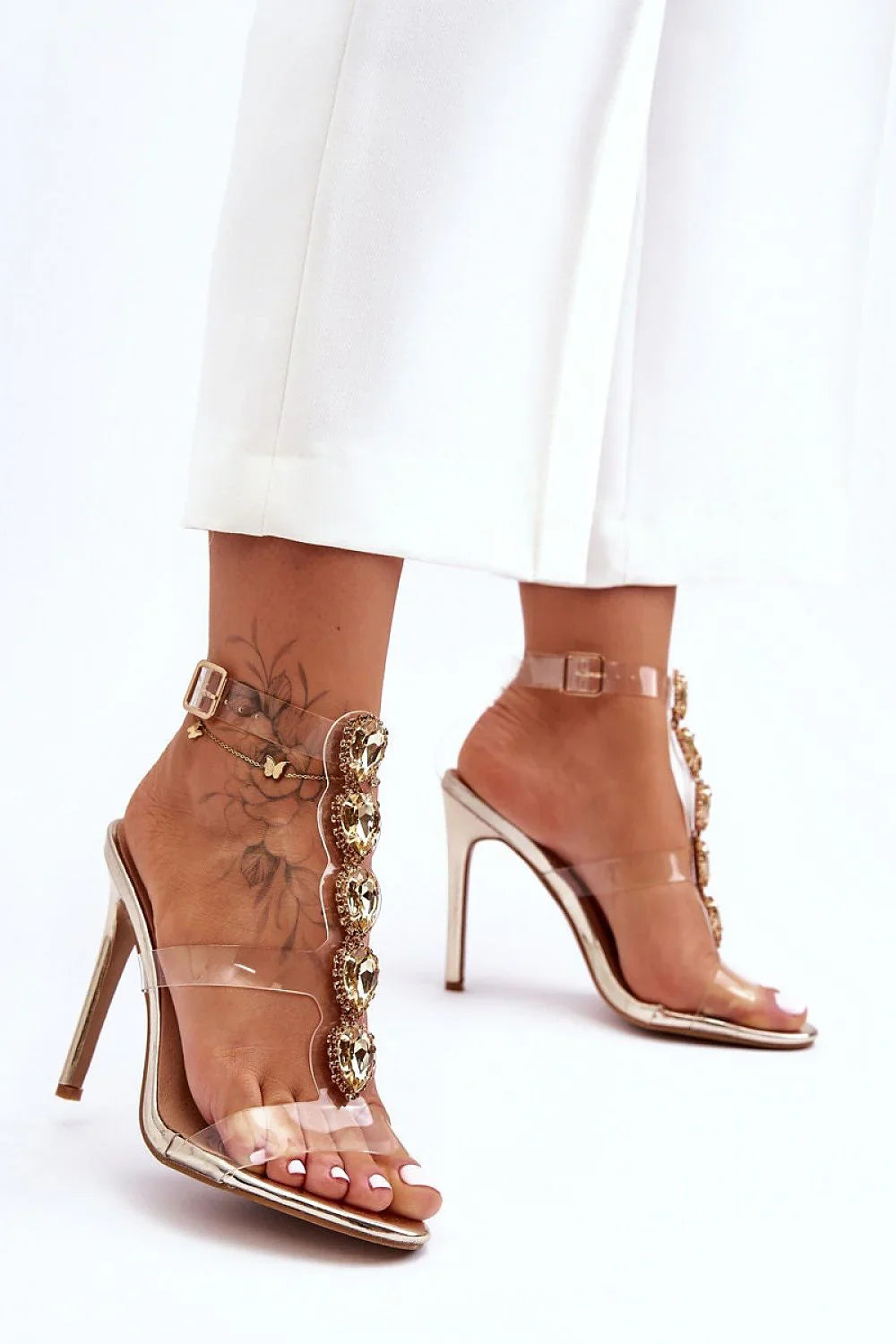 Women Rhinestone Square Toe Stiletto Sandals