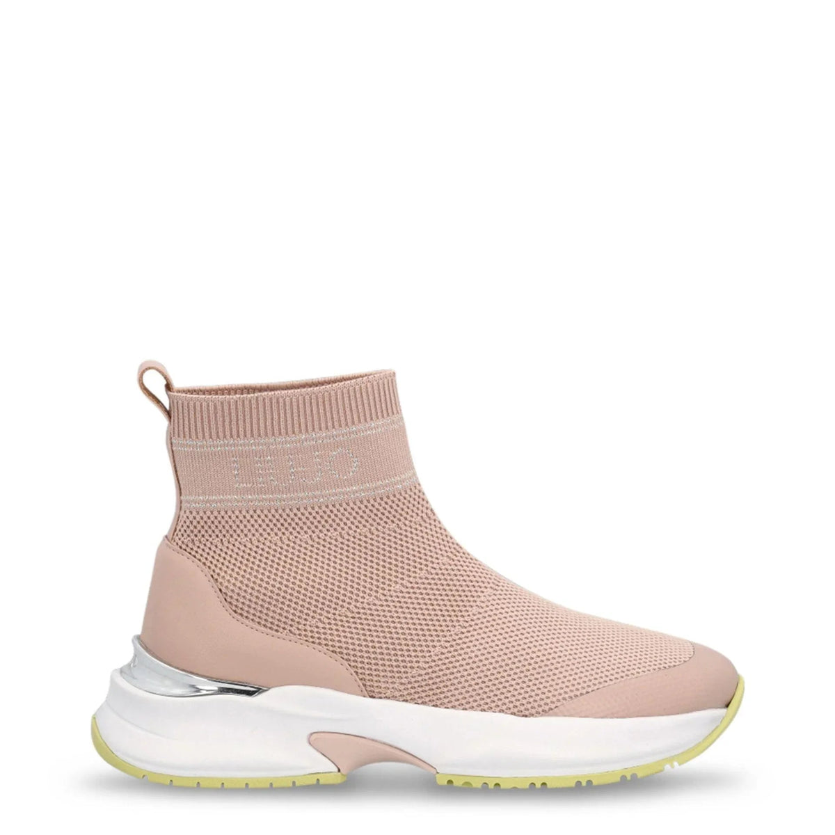 Blush pink knit sock sneaker on a white chunky sole fashion image