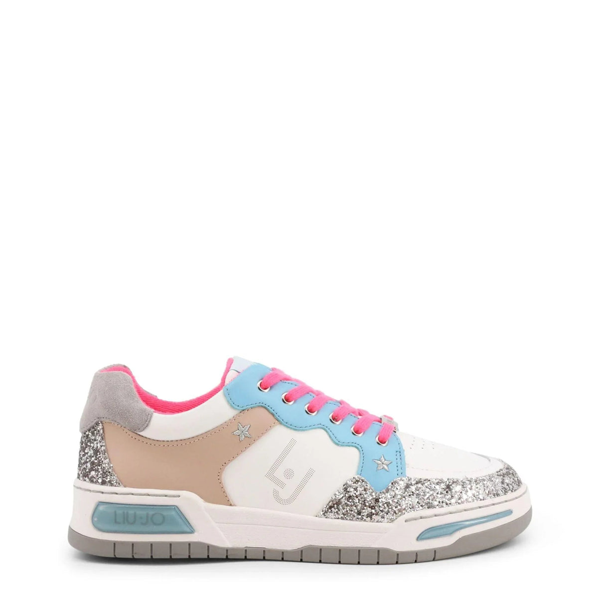 Women's low-top sneaker in white, beige and glitter with pink laces and pale blue accents fashion image