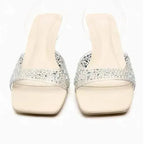 Women Square Toe Rhinestone Block Heel Sandals