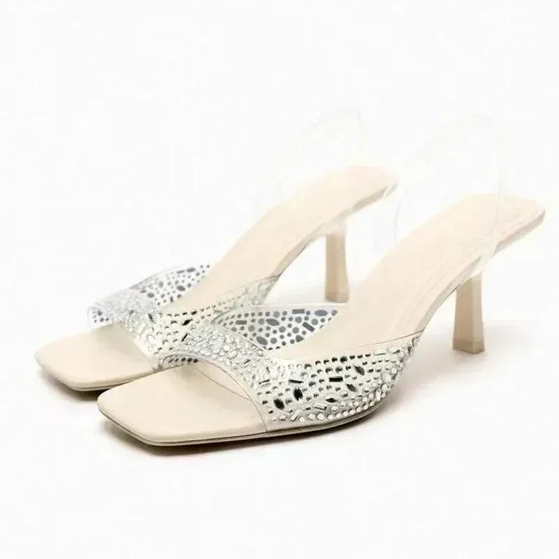 Women Square Toe Rhinestone Block Heel Sandals